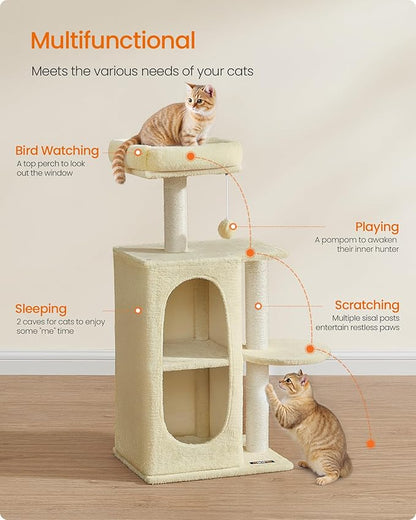 Feandrea Cat Tree, Small Cat Tower for Indoor Cats, Plush Cat Caves with Perch, Scratching Posts, for Small Spaces, Kittens, Sand Beige UPCT005Y01