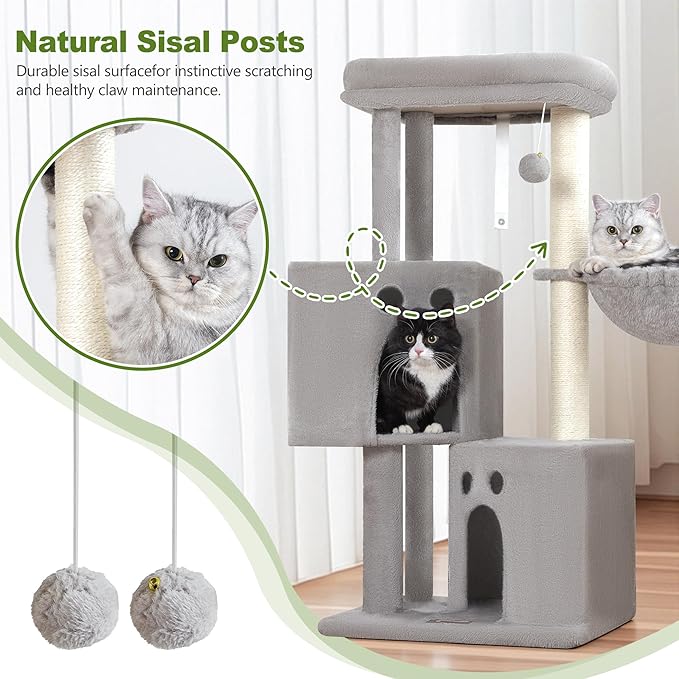Small Cat Tree Tower for Indoor Cats, 40 In Medium Multi-Level Compact Cat House Bed with 2 Condo, Large Platform Perch, Sisal Scratching Post, Hammock, Cat Climbing Stand for Kitty kitten(Light Grey)
