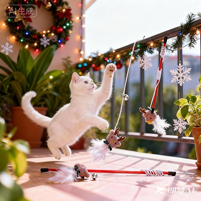 NOLITOY 3Pcs Christmas Cat Toy,Interactive Xmas Wand Sticks with Bell Attachment for Kitten Reindeer Xmas Indoor Pet Supplies