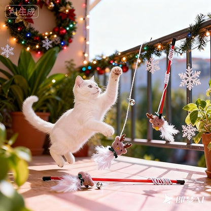 NOLITOY 3Pcs Christmas Cat Toy,Interactive Xmas Wand Sticks with Bell Attachment for Kitten Reindeer Xmas Indoor Pet Supplies