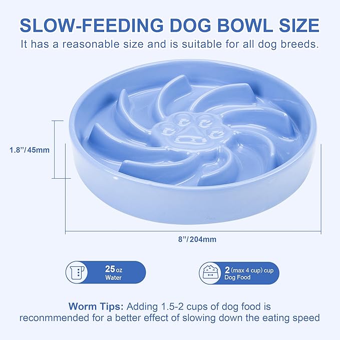 Ceramic Slow Feeder Dog Bowl, 1.5 Cup Dog Food or 20oz Water, Slow Eating Bowl for Small Breed, Maze Puzzle Feeder for Fast Eaters, Anti-Choking Stop Bloat, Non-Slip BPA Free (Blue)