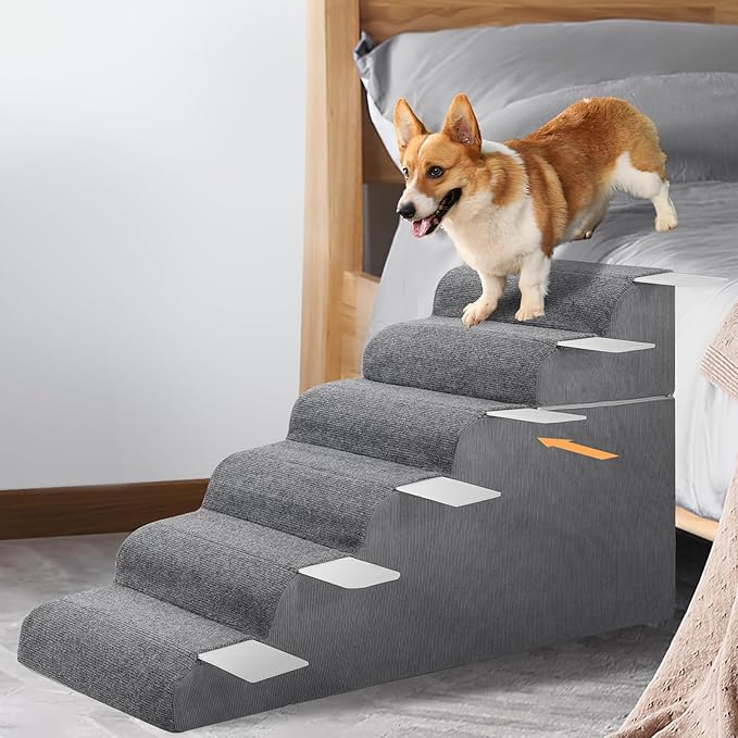 ABORON 6 Steps Dog Steps for High Bed, 25.5 Inch High Dog Stairs for Small Dogs, Waterproof Pet Stairs for Small Old Large Dogs and Cats with Removable Cover & PE Support Board for Bed/Car/Couch