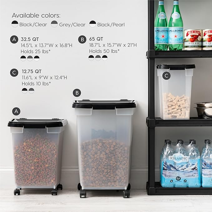 IRIS USA Airtight Dog Food Storage Container, WeatherPro, Up to 25 lbs, Removable Wheels, for Dog Cat Bird and Other Pet Food Storage Bin, Keep Fresh, Translucent Body, Made in USA, Clear/Black