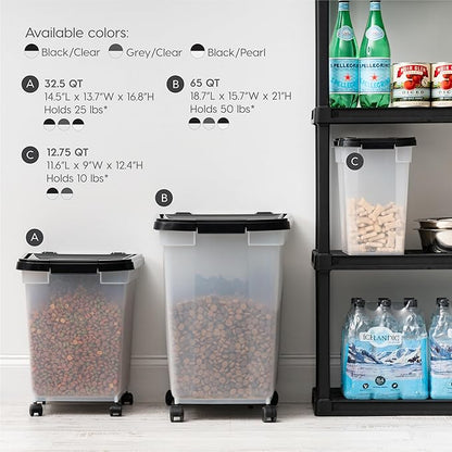 IRIS USA Airtight Dog Food Storage Container, WeatherPro, Up to 25 lbs, Removable Wheels, for Dog Cat Bird and Other Pet Food Storage Bin, Keep Fresh, Translucent Body, Made in USA, Clear/Black