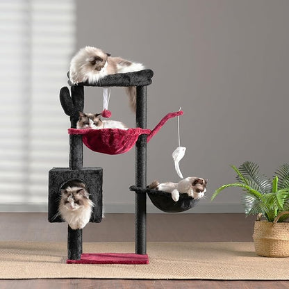 Heybly Cat Tree, 39.4 Inches Gothic Tower Condo with Scratching Post, Cat Tower for Indoor Cats, Fully Wrapped Sisal Pole, Soft Platform, 2 Baskets and Dangling Toy, Black and Red HCT006SBR