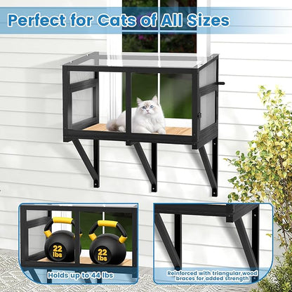 Cat Window Box Catio Outdoor Cat Enclosure Perch with Bug Proof Wire Mesh Window Catio Side Door for Cats Sunbathing, Napping, Overlooking