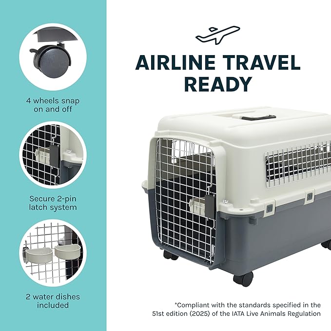 SportPet Airline Compliant MEDIUM 24.25" Travel Dog Kennel-Durable Plastic Airline Pet Carrier w/Removable Wheels & Food Bowls, Collapsible Indoor/Outdoor Dog Kennel, Dogs up to 23"L & 15"H-Cream/Gray