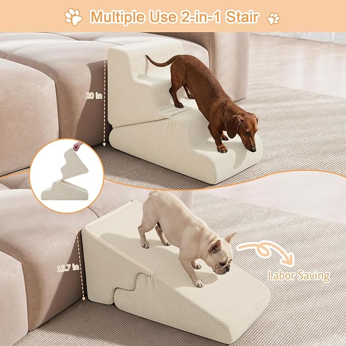 Dog Ramp for Bed, 20" H Dog Stairs for High Bed, 2 in 1 Pet Steps for Small Dogs, 4-Step Foldable Transformable Large Cats Ramp to Get on Couch, Non-Slip Balanced, Beige