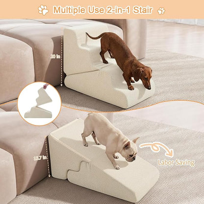 Dog Ramp for Bed, 20" H Dog Stairs for High Bed, 2 in 1 Pet Steps for Small Dogs, 4-Step Foldable Transformable Large Cats Ramp to Get on Couch, Non-Slip Balanced, Beige