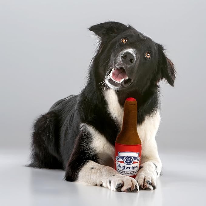 design LAB, Inc. Budweiser Beer Dog Toy | Plush Beer Bottle with Squeaker for Dogs | 12 inch Medium Interactive Dog Toys for Chewing, Fetch, and Fun