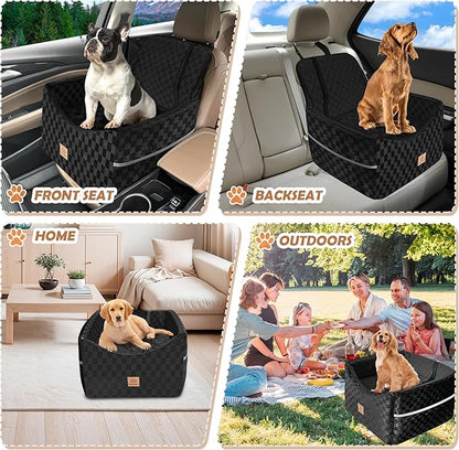 Dog Car Seat for Small and Medium Dogs Up to 35 lbs –Memory Foam Dog Booster Seat with Safety Leash & Storage Pockets, Fits Front & Back Car Seats, Removable Washable Cover – Black