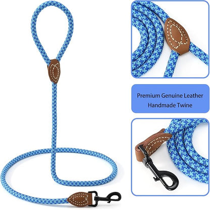 Mile High Life | Mountain Climbing Dog Rope Leash with Heavy Duty Metal Sturdy Clasp | Genuine Leather Tailored Connection with Strong Stitches (Sky Blue Hot Blue, 48 Inch (Pack of 1))