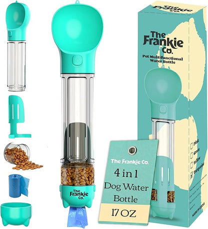 4 in 1 Dog Water Bottle, Leakproof Pet Water Dispenser with Bowl, Poop Bag Holder & Shovel, Dog Travel Accessories for Dogs and Cats, 17oz