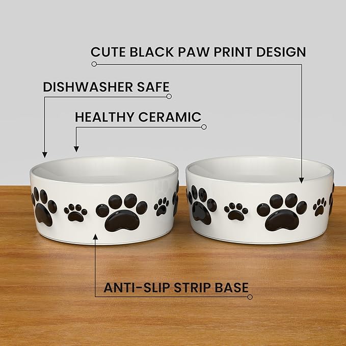 Ceramic Dog Bowls for Medium Size Dogs - 6.5'' Round × 2.5 Tall Dog Food & Water Bowl Set of 2 - Medium Ceramic Bowl with Anti-Slip Rings - Food and Water Bowls with 3 Cups Capacity