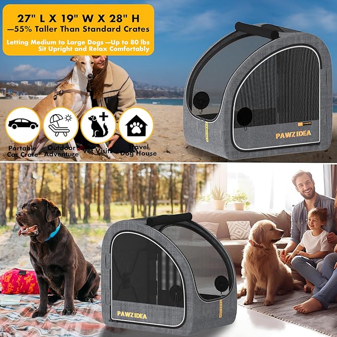 PAWZIDEA Portable Dog Crate for Car Travel, Collapsible Pet Travel Crates for Medium & Large Dogs, Enclosed Soft-Sided Car Kennel Carrier for Backseat, Secures w/Seatbelt & Headrest Strap, Chew-Proof