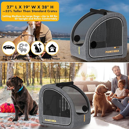 PAWZIDEA Portable Dog Crate for Car Travel, Collapsible Pet Travel Crates for Medium & Large Dogs, Enclosed Soft-Sided Car Kennel Carrier for Backseat, Secures w/Seatbelt & Headrest Strap, Chew-Proof