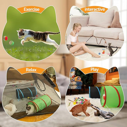 23PCS Assortment of Cat Toys -Foldable Spiral Tunnel,Spring,Mice,Cat Interactive Feather Teaser Wand Ball Toy, Colorful Balls & Bells for Kittens, Cats, and Puppies!