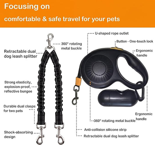 Double Dog Leash for Walking 2 Small Dogs (Up to 33 Lbs Each), Dual Retractable 9.8ft Extendable Strong Nylon Tape Pet Leash with Poop Bags, One-Handed Brake, Pause, Lock (Black)