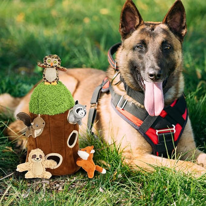 Hide and Seek Dog Puzzle Puppy Toys, Interactive Squeaky Plush, Stuffed Toys for Dogs (Sheep, Panda, Forest Animals) (Tree Hole Mix Large)