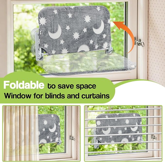 Cat Window Perch, Cordless Foldable Pet Hammock Bed Glow in The Dark, Glowing Stars & Moon Pattern Window Hammock for Overlooking for Kitten Removable Cover Cordless Window Bed for Indoor