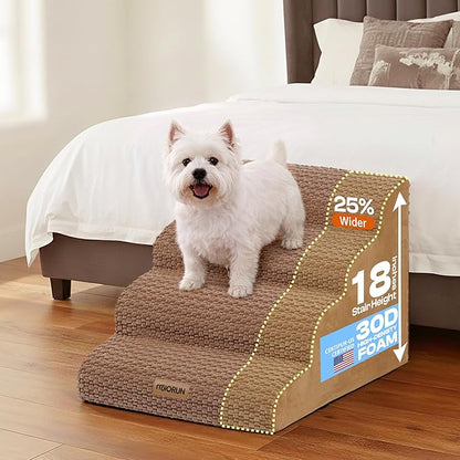 Extra Wide 4 Steps Dog Stairs for Bed & Couch 18" H, More Stable Non-Slip Dog Ramps with Gentle Slopes, Stylish Indoor Pet Steps for Medium & Large Dogs, Coffee