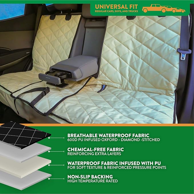 Plush Paws Products Convertible Rear Seat Protector w/Console Access & Hammock| Washable & Waterproof Back Seat Cover | Car, Truck, & SUV | Nonslip, Tear Resistant Pet Cover | Regular Tan