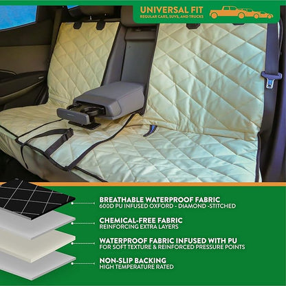 Plush Paws Products Convertible Rear Seat Protector w/Console Access & Hammock| Washable & Waterproof Back Seat Cover | Car, Truck, & SUV | Nonslip, Tear Resistant Pet Cover | Regular Tan