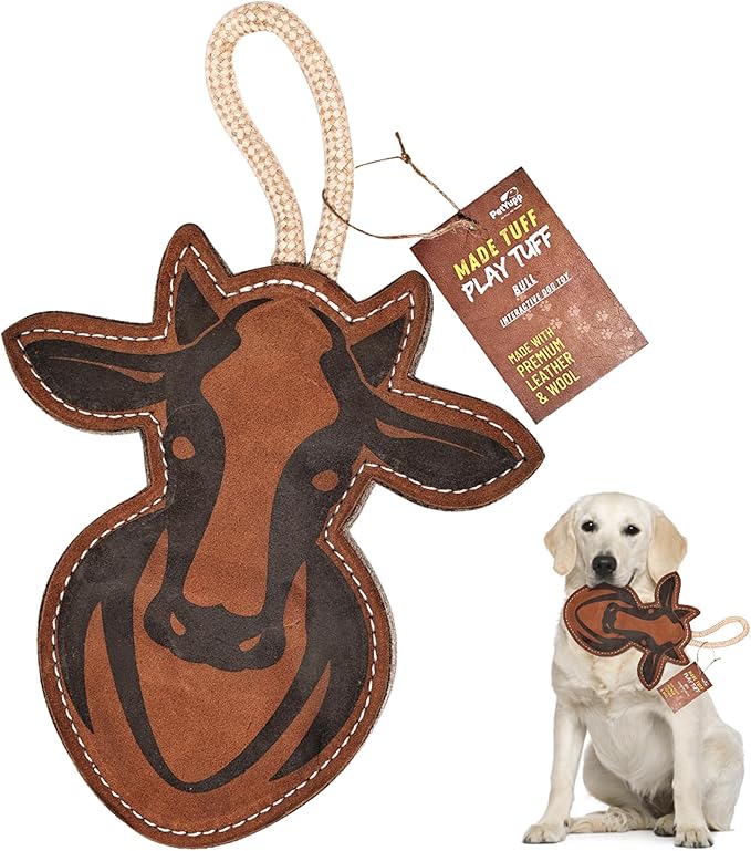Bull Leather Chew Toy for Aggressive Chewers - Extra Thick Wool, Stitched & Real Leather Dog Toy for Small, Medium & Large Dogs - Durable & Safe Chew Toys for Puppies