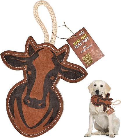 Bull Leather Chew Toy for Aggressive Chewers - Extra Thick Wool, Stitched & Real Leather Dog Toy for Small, Medium & Large Dogs - Durable & Safe Chew Toys for Puppies