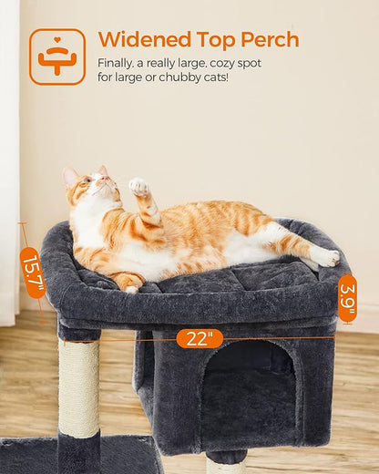 Feandrea Cat Tree, 33.1-Inch Cat Tower, Plush Condo for Large Cats up to 16 lb, Large Perch, 2 Caves, Scratching Post, Smoky Gray UPCT61G