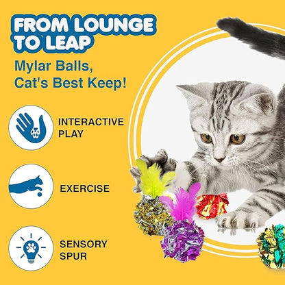 SunGrow Cat Crinkle Balls for Cats, Multicolor with Feather, 20 Pieces, Lightweight Interactive Pet Toy