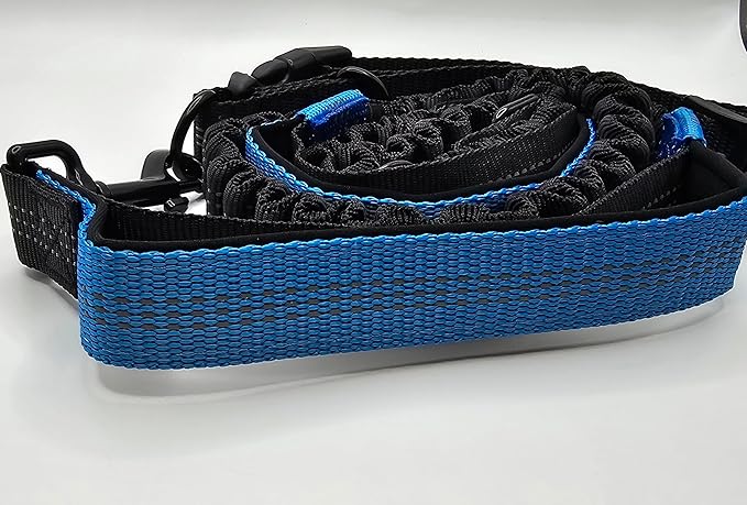 Hands Free Dog Leash with Adjustable Waist Belt, Dual Padded Handles, Elastic Bungee Ropes for Small to Large Dogs, Reflective Stitches for Walking, Hiking, Running and Biking. (Black/Blue, Medium)