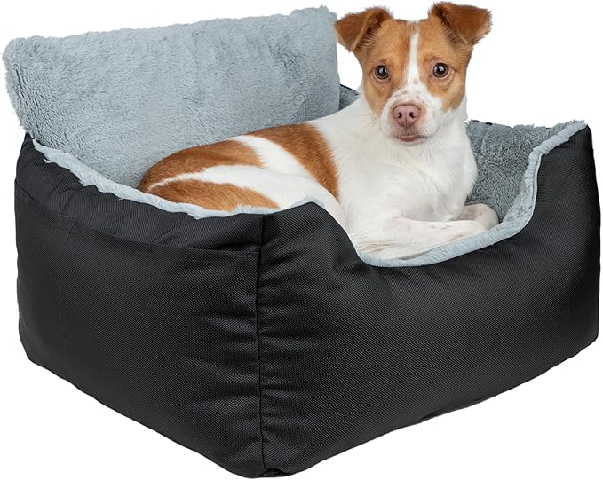 Best Pet Supplies Elevated Dog Car Seat for Small Dogs, Booster Seat with Safety Tether & Storage, Washable Travel Pet Seat for Front or Back Seat, Up to 25 lbs - Black - 21 x 20 x 14