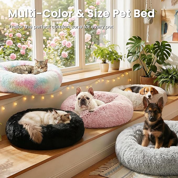Love's cabin Calming Dog & Cat Bed, Cat Bed for Indoor Cats, Anti-Anxiety Donut Round Bed, Fluffy Warming Pet Bed for Small Medium Dogs and Cats, Beige Taupe 20"/24"