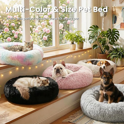 Love's cabin Calming Dog & Cat Bed, Cat Bed for Indoor Cats, Anti-Anxiety Donut Round Bed, Fluffy Warming Pet Bed for Small Medium Dogs and Cats, Beige Taupe 20"/24"