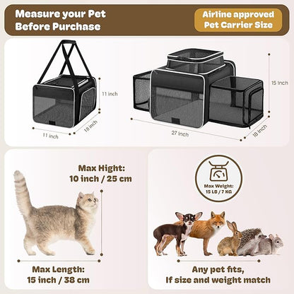 Top and 2 Sides Expandable Cat Carrier 18x11x11, TSA Airline Approved Dog Carriers for Small Dogs, Soft-Sided Pet Carrier with Self-Locking Zippers for Kitten,Rabbit, Puppy, Guinea Pig Black White