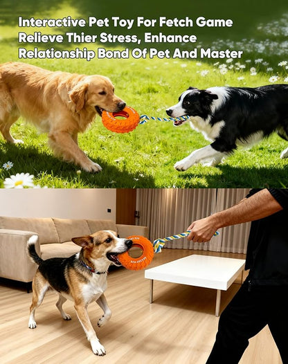 Deeow Dog Tire Toy, Treat Dispensing Chew Toy for Teething Clean and Dental Care, Natural Rubber Dog Toy for Fetching Game, Tug-of-war Interactive Slow Feeder Enrichment Pet Toy-Orange