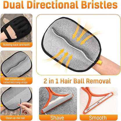 3pcs Pet Hair Removal Set for Dogs & Cats (2 Gloves + 1 Lint Scraper) – Electrostatic Five-Finger Magic Brush for Clothes, Sofa, Carpets, Bedding & Car Mats