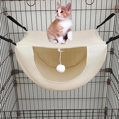 FAVOMOTO Cat Hanging Bed Kitten Nest Breathable Sandwich Mesh Pet Hammock Washable Small Beige for Indoor Cage Use