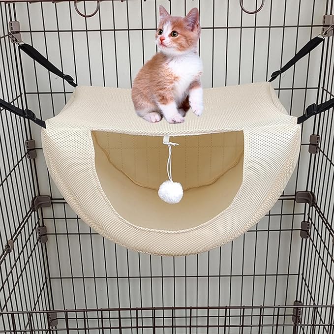 Small Pet Hammock Cat Hanging Bed Breathable Mesh Fabric Kitten Nest for Cage Summer Use Washable Beige S Size