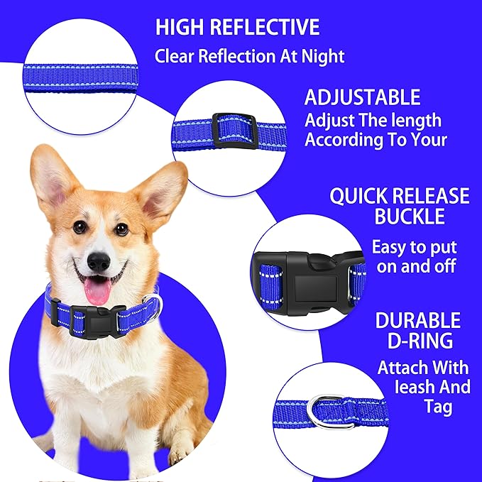 Reflective Dog Collar with Safety Locking Buckle, Adjustable Soft Breathable Nylon Collars for Small, Medium and Large Dogs(Collar+Leash XL Navy Blue)