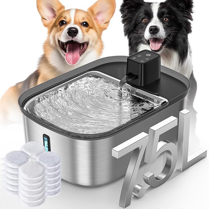Wireless 7.5l/254oz/2Gal Dog Water Fountain for Large Dogs Stainless Steel, Quiet Pet & Cat Water Fountain with Motion Sensor, Automatic Water Dispenser for Dogs with 6psc Filters
