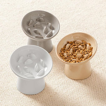 vancasso Ceramic Slow Feeder Cat Bowl, 6.25 Inch Elevated Cat Slow Feeder Bowl, Anti Vomiting for Dry and Wet Food, Brown