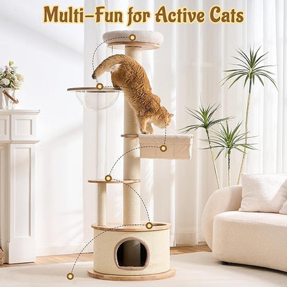 64.2" Modern Cat Tree for Indoor Cats, Solid Wood Cat Tower with Chunky Scratching Posts, 20" Roomy Condo, Cat Bed, Hammock, Capsule Nest, Interactive Squeaky Toy, Multi-Level Cat Furniture