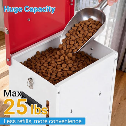 Metal Automatic Dog Feeder 2-Pack- 25LBS Food Capacity Automatic Gravity Dispenser, Powder Coated & Waterproof for Indoor & Outdoor Use, 12.3" L x 10.5" W x 21.3" H, Red and White