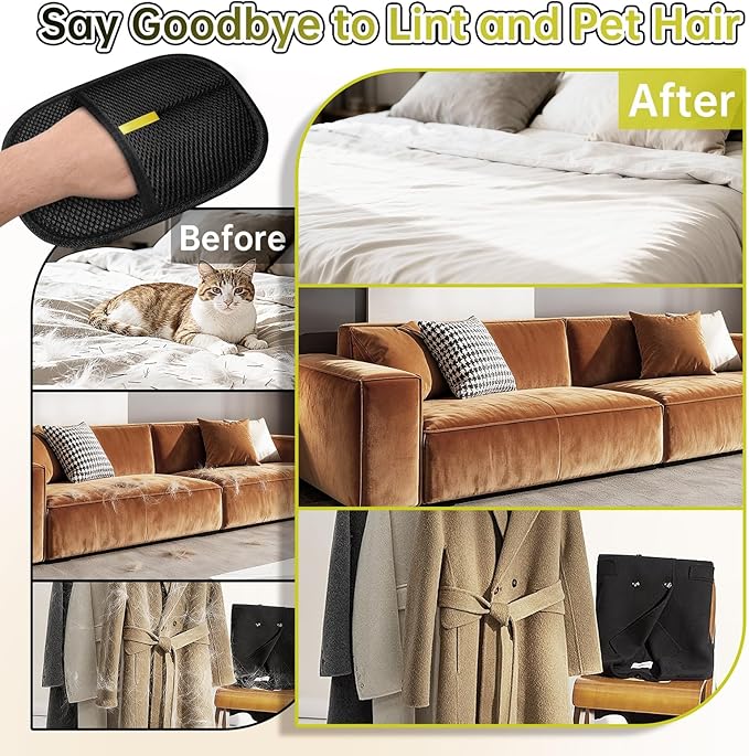 Electrostatic Pet Hair Remover Glove, Reusable Cat Dog Electrostatic Hair Remover Grooming Glove Brush Tool, Suitable for Sofas, Clothing, Carpets, Curtains (Black-2Pcs)