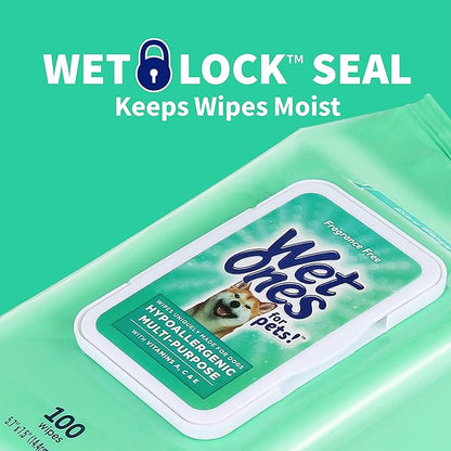 Wet Ones for Pets Hypoallergenic Multipurpose Dog Wipes with Vitamins A, C & E - No Fragrance Pet Wipes for Dogs with Wet Lock Seal, 100 Count