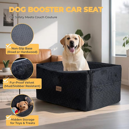 Dog Car Seat for Large Medium Dogs up to 60 lbs or 2 Small Dogs – Elevated Dog Booster Seat for Cars 14in Height, Washable Pet Car Seat, Thick Cushion Backseat with 2 Safety Leashes(Black Full)