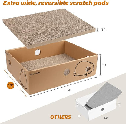 PrimePets Cat Scratcher, Wide Cat Scratch Pad with Box, 5 Pack, XL Reversible Scratcher Cardboard for Indoor Cats, 17x13x5'' Kitty Bed Scratching Board with Catnip, Convenient Replacement Hole Design