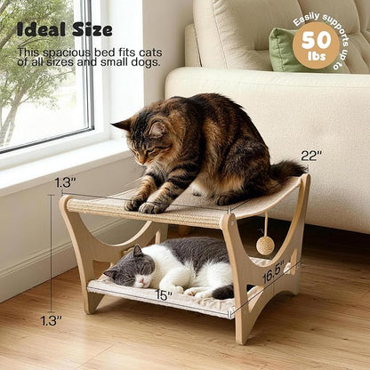 Double-Layer Cat Hammock Bed, Wooden Elevated Cat Beds with Natural Sisal Scratching Mat, Cats Scratcher Bed with Removable Soft Cushion, Cats Scratching Beds with Wood Frames